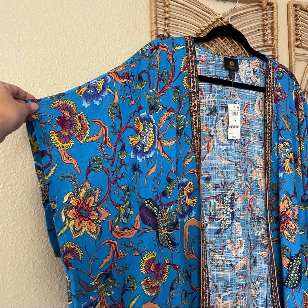 JM Collection Open Front Kimono‎ Cardigan Linen Blend Jacquard Print Sz 1X B33